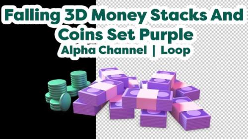 Videohive - Falling 3D Money Stacks And Coins Set Purple - 48046038 - 48046038