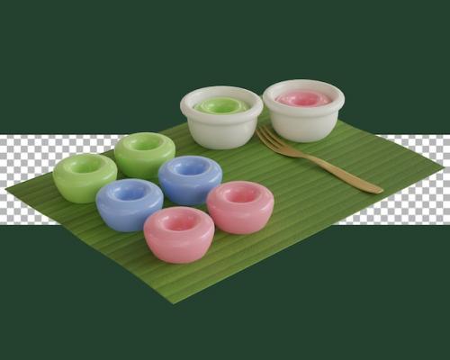 Premium PSD | 3d rendering thai dessert name is khanom nam dok mai have green blue and pink color transparent Premium PSD