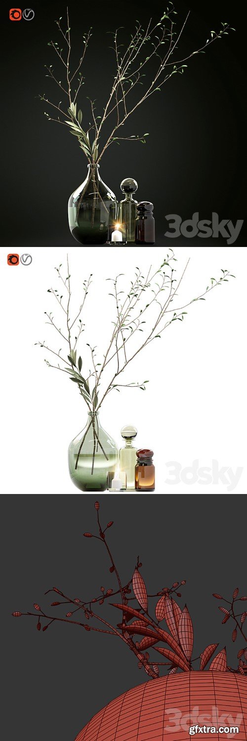 Decorative set with branches and glass bottles
