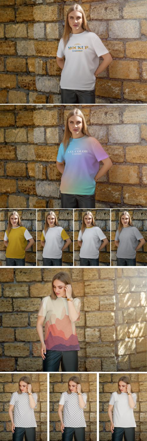 Mockup of a women's t-shirt on the Wall of cinder block made of shell rock 646842416