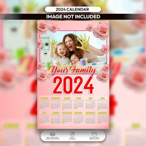 Premium PSD | Psd 2024 pink floral family calendar design template Premium PSD