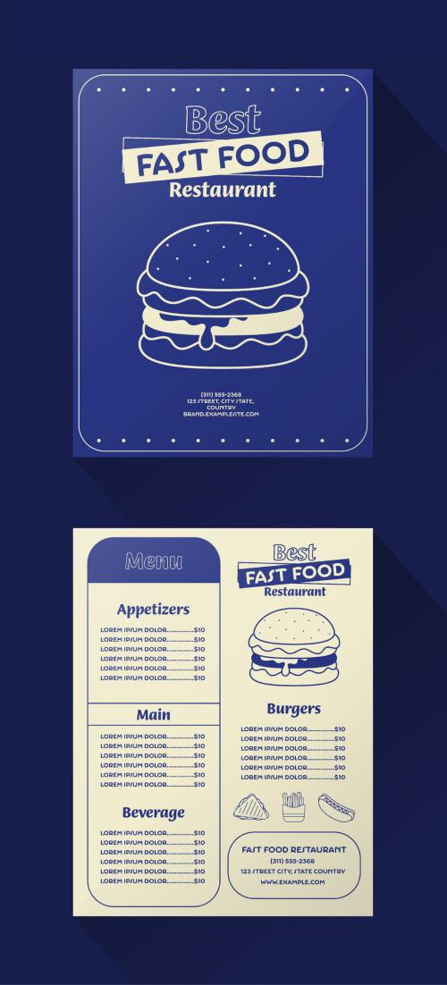 Template of burger menu illustration, blue and beige, fast food restaurant 646579161