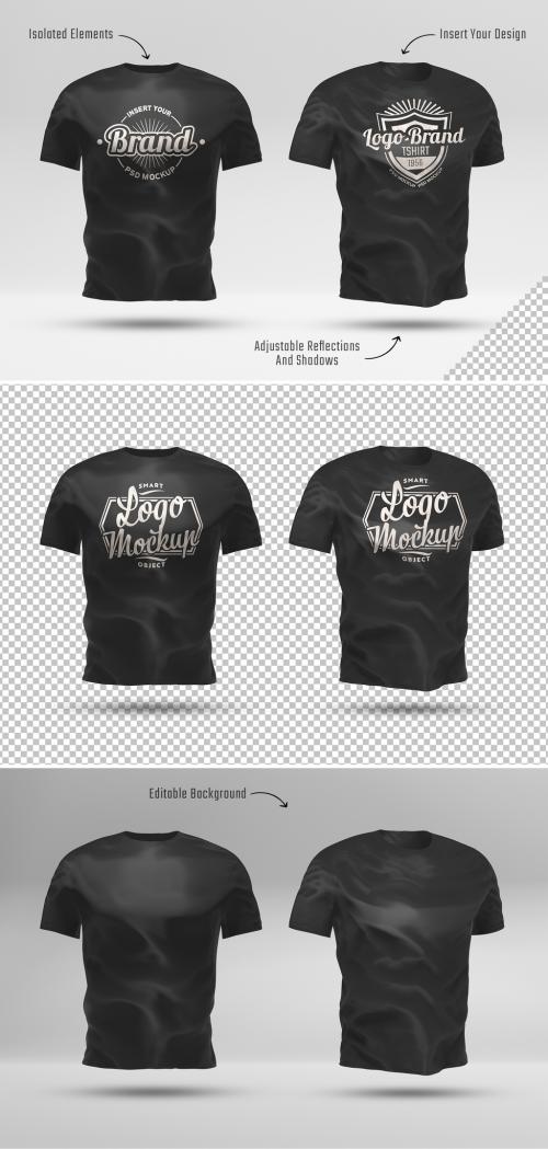 Front and Back View of Two Black T-shirts Mockup 644811191