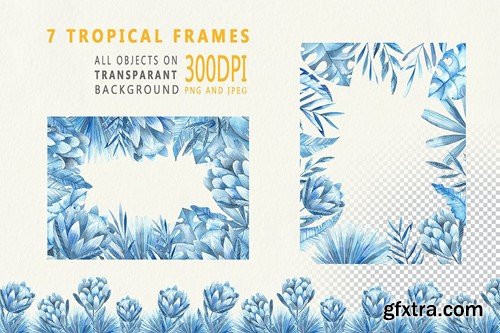 Watercolor Blue leaves and Frames Borders, pattern 5M55KSK