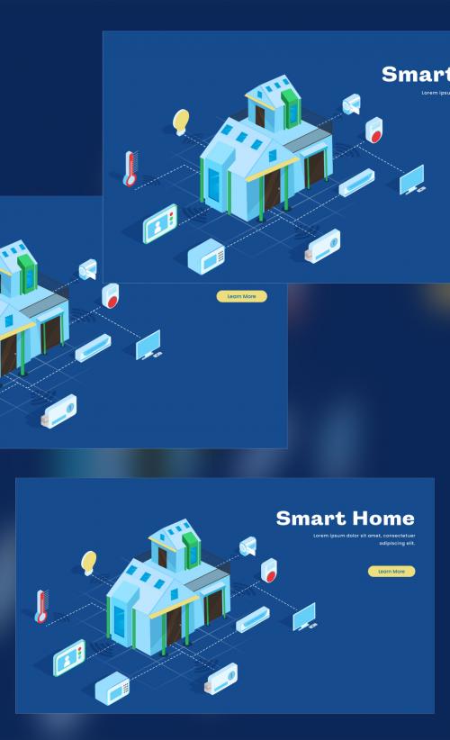 Smart Home Landing Page or Web Banner Design, 3D Illustration of Home Connected with Smart Devices on Blue Background 644482572