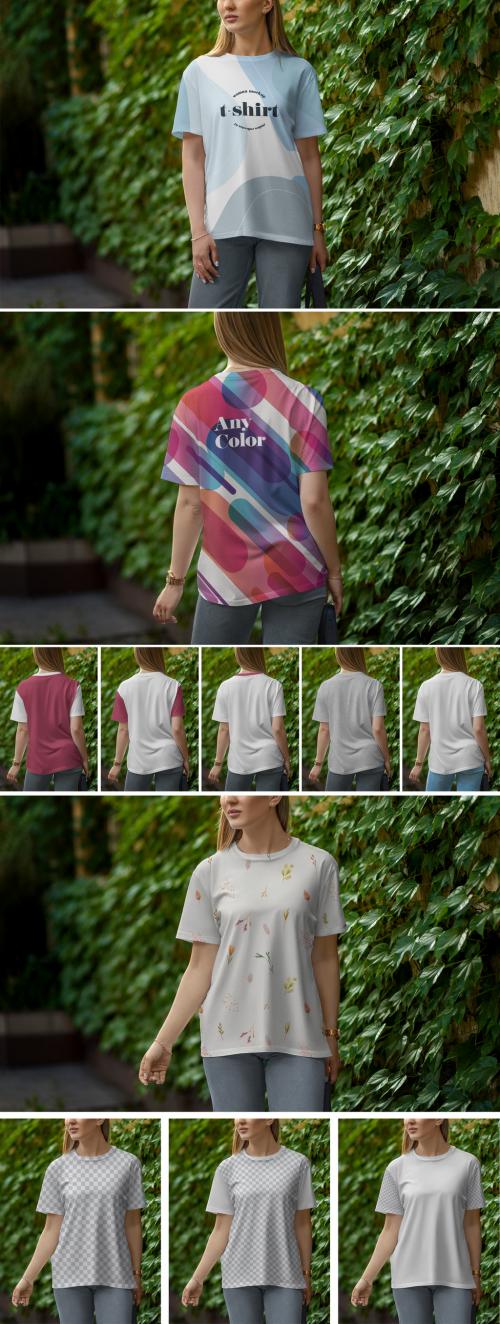 Mockup of Women's T-shirt on Walk in the Green Street 643934415