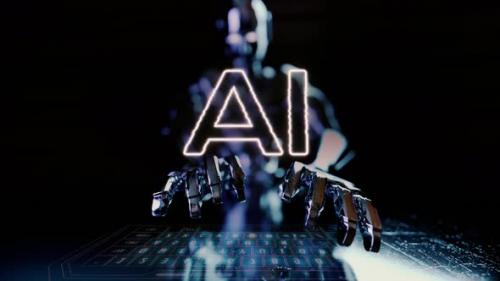 Videohive - Ai Text Animated With Ai Robot Businessman Typing On A Futuristic Keyboard - 48369672 - 48369672