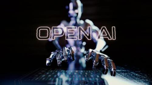 Videohive - Open Ai Text Animated With Ai Robot Businessman Typing On A Futuristic Keyboard - 48368371 - 48368371