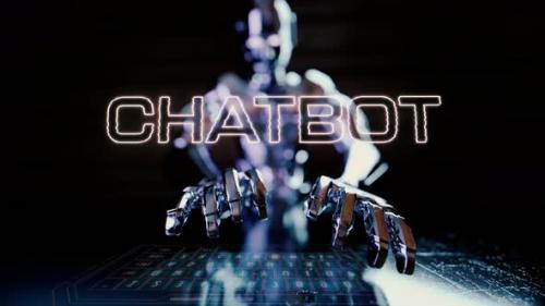 Videohive - Chat Bot Text Animated With Ai Robot Businessman Typing On A Futuristic Keyboard - 48368372 - 48368372