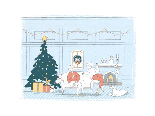 Christmas Scene Illustration of Happy Family in Christmas Eve Night 642128407