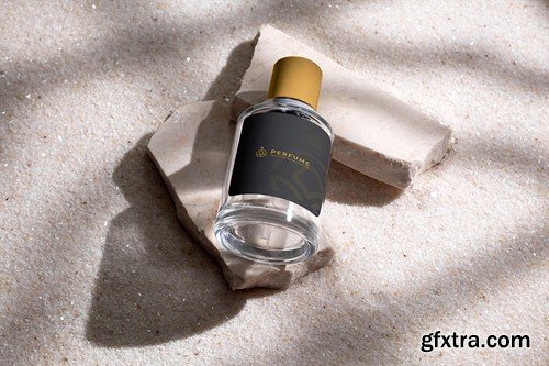 Perfume Bottle on Stone and White Sand Background 6E5R86U Perfume Bottle on Stone and White Sand Background 6E5R86U