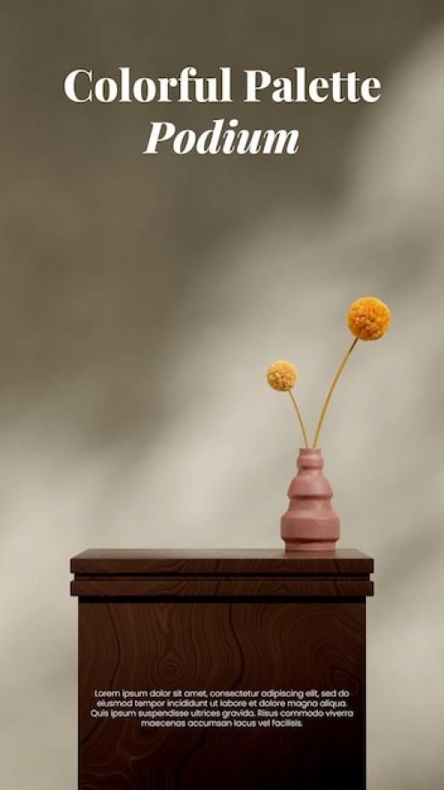Premium PSD | Yellow flower and red vase 3d render empty scene brown wood table podium in portrait Premium PSD