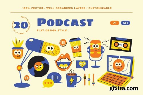 Cream Flat Design Podcast Illustration Set W42G3RD