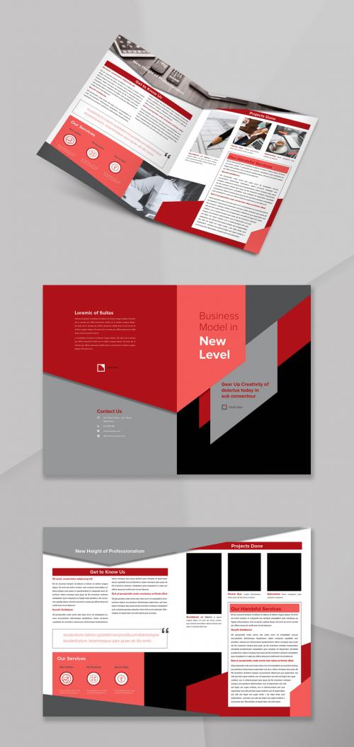 Bifold Brochure Layout with Abstract Elements and Red Accents - 224729505
