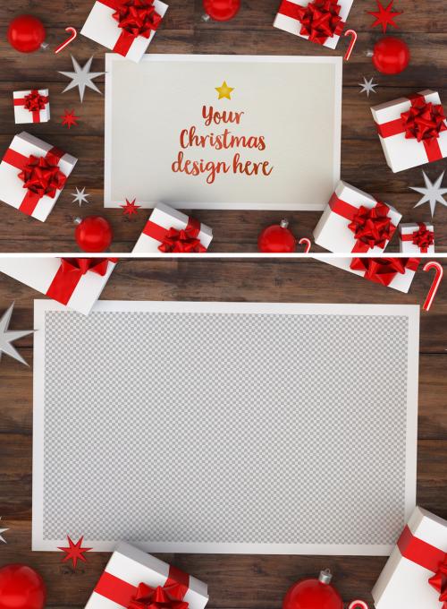 Christmas Card and Gifts on Wooden Table Mockup - 230468648