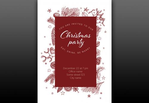 Christmas Party Invitation Layout with Maroon Illustrations - 236340099