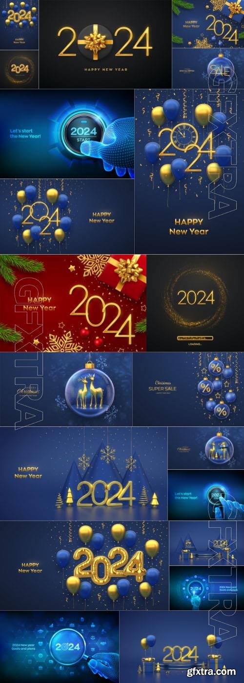 Happy new year 2024 background, Merry christmas ball greeting card banner vector illustration