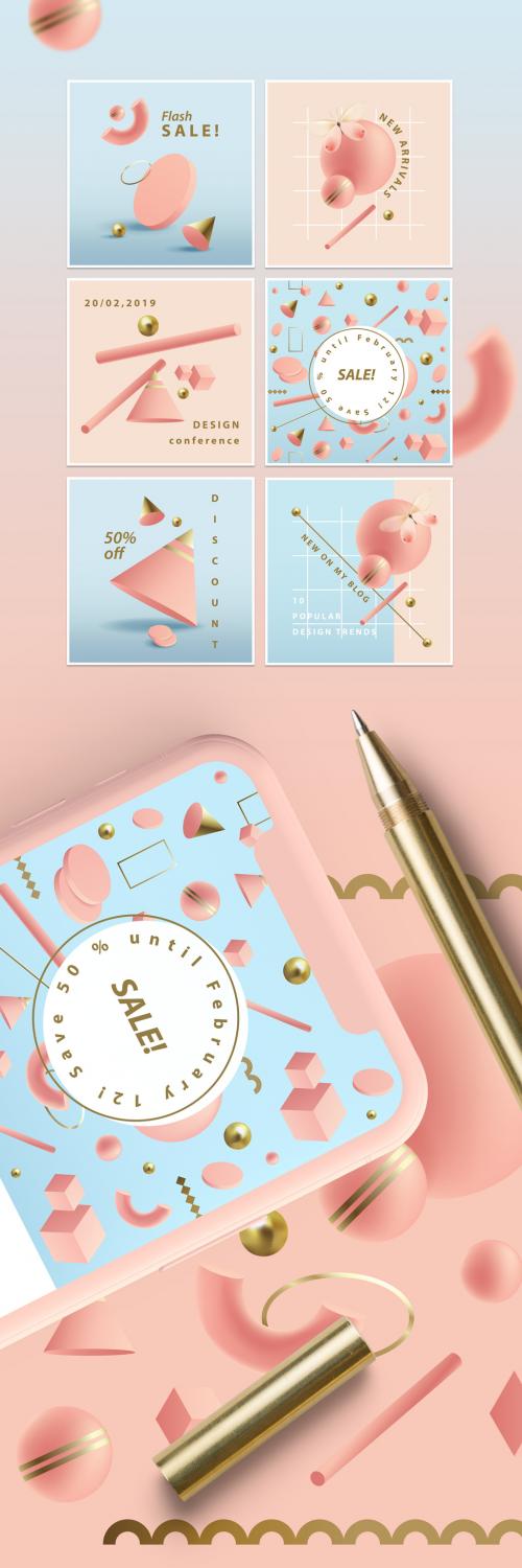 Square Social Media Post Layouts with Pastel 3D Geometric Shapes - 249589174