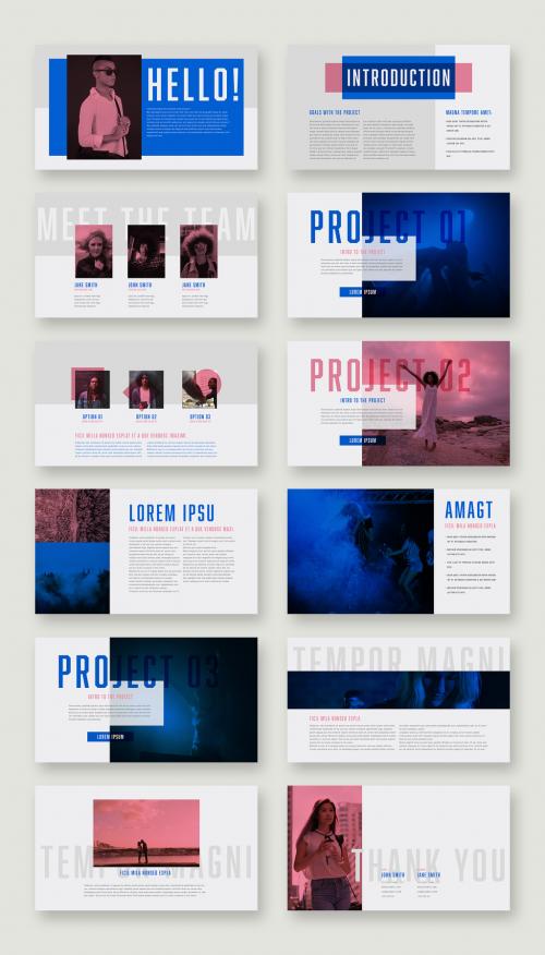 Bold Proposal Presentation Layout with Pink and Blue Photo Overlays  - 264635640