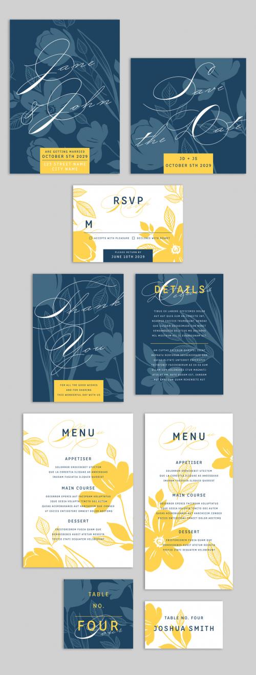 Dark Blue and Yellow Wedding Suite Layout with Floral Graphics - 264635662