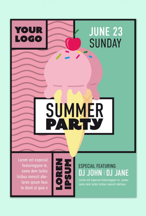Summer Party Flyer Layout with an Ice Cream Illustration - 266623307