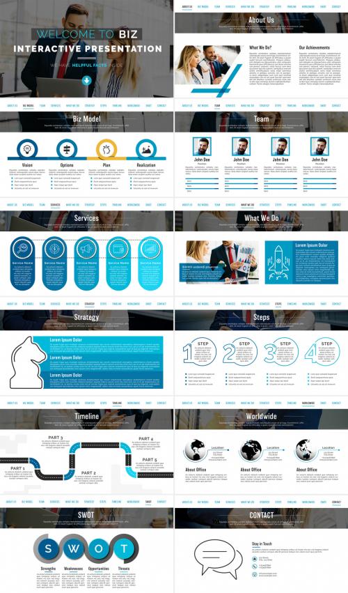 Business Presentation Layout with Blue Accents and Dark Photo Mask Titles - 267135791