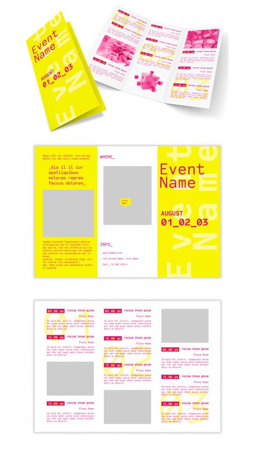 Trifold Brochure Layout with Pink and Yellow Accents - 268043207