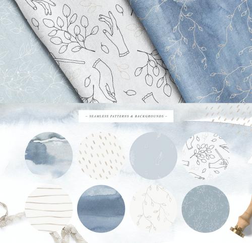 Scandi Leaf Watercolor Light Blue Gold Collection Scandi Leaf Watercolor Light Blue Gold Collection