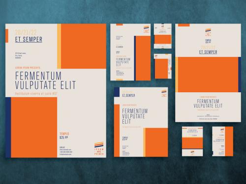 Stationery Set Layout with Orange and Navy Accents - 268406767