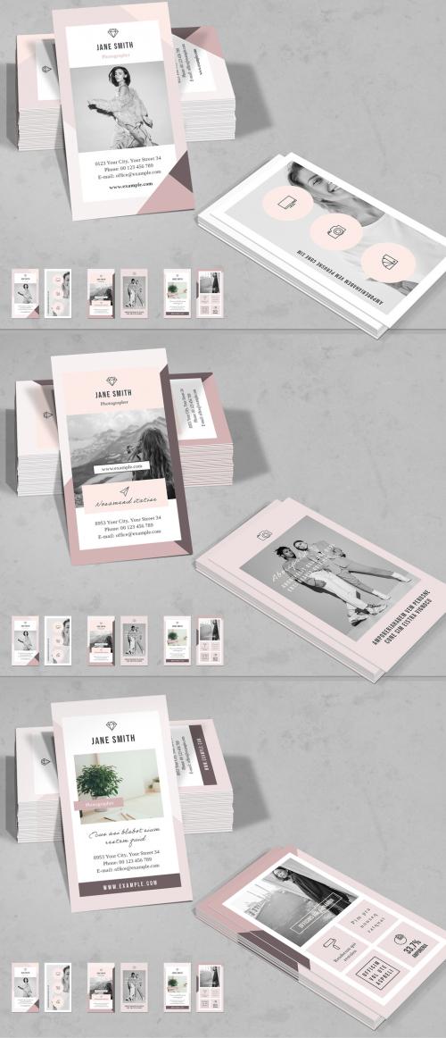 Business Card Layouts with Icons and Pink Accents - 268408254
