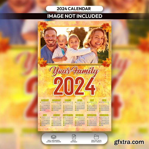 PSD autumn family calendar design 2024 layout template