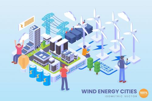 Isometric Wind Energy Cities Technology Vector Isometric Wind Energy Cities Technology Vector