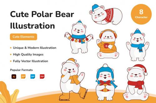 Cute Polar Bear Winter Christmas Illustration Set Cute Polar Bear Winter Christmas Illustration Set