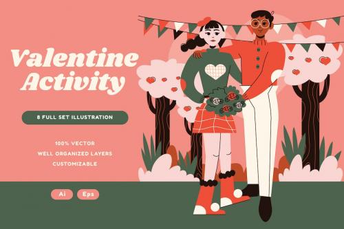 Pink Flat Design Valentine Illustration Set