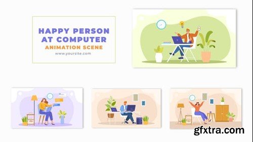 Videohive Flat 2D Vector Happy Person at Computer Animation Scene 49459380