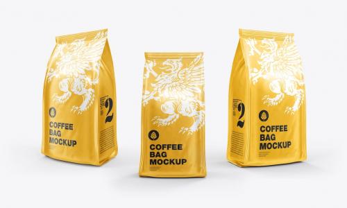 Set 3 Metallic Coffee Bags Mockup