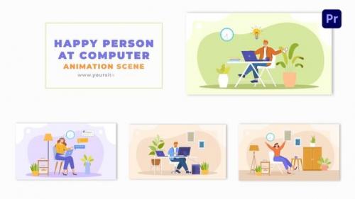 Flat 2D Vector Happy Person at Computer Animation Scene Template - 49481801