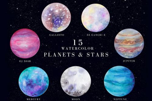 15 watercolor planets and stars set 15 watercolor planets and stars set