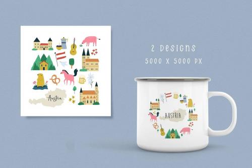 Austria Illustrated Country Map & Cliparts