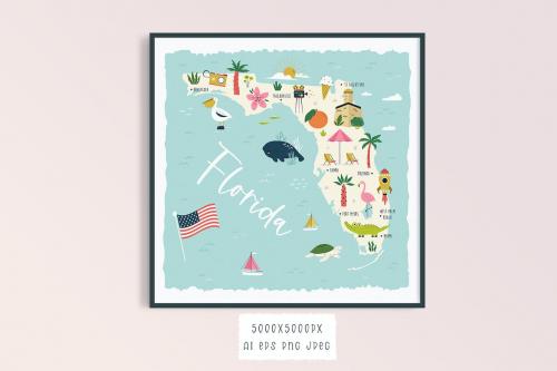 Florida state, USA, Illustrated Map & Cliparts