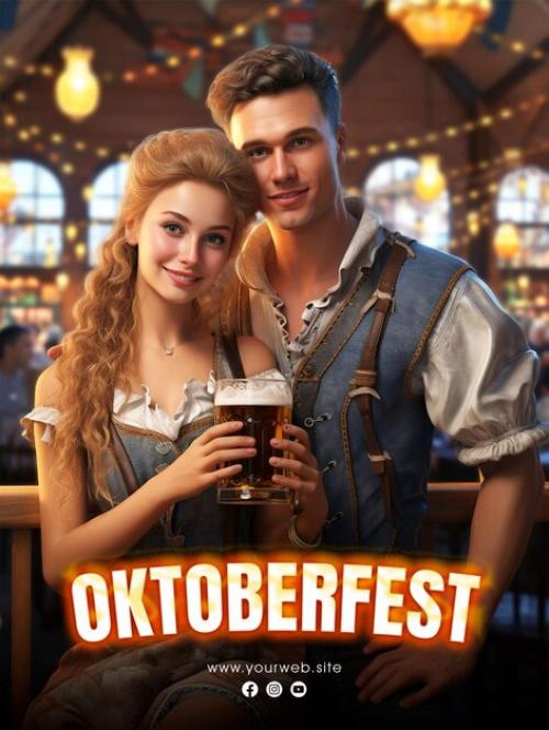 Beer Festival Oktoberfest Social Media Post Poster Design With Couple Holding Glass Of Beer In Backg