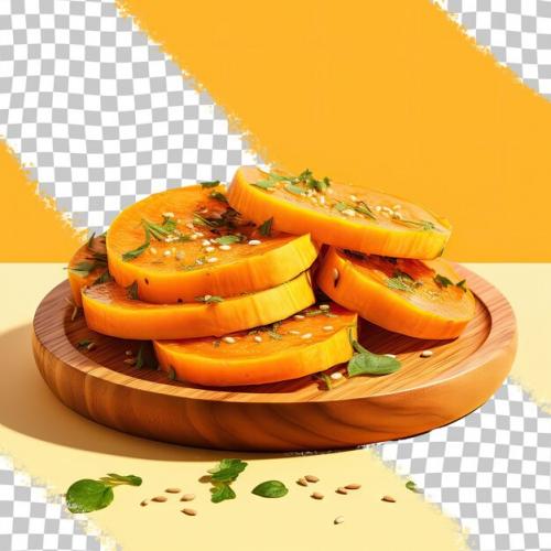 Toasted Hokkaido Pumpkin Slices Covered In Olive Oil Garlic Herbs Served With Green Onion On A Wooden Saucer Against A Transparent Background