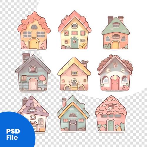 Set Of Cute Houses In Cartoon Style Isolated On White Background. Vector Illustration. Psd Template