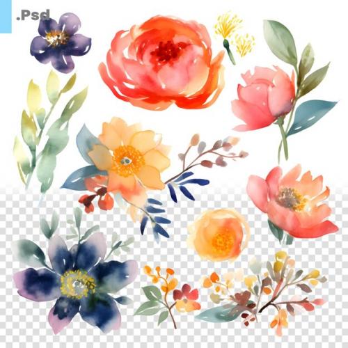 Watercolor Flowers Set. Hand Painted Illustration Isolated On White Background. Psd Template