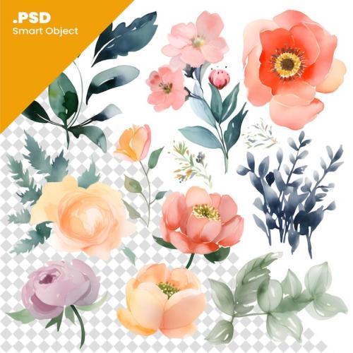 Watercolor Flowers Set. Hand Drawn Floral Elements Isolated On White Background. Psd Template