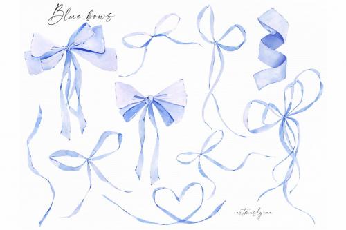 Watercolor Blue bows clipart. Baby shower images
