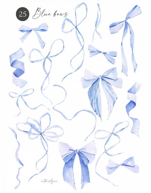 Watercolor Blue bows clipart. Baby shower images