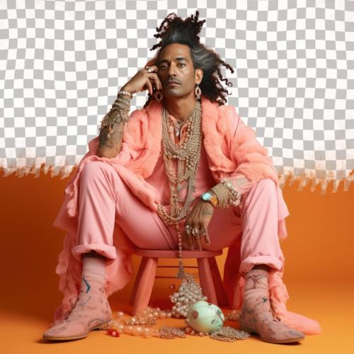A Elated Adult Man With Kinky Hair From The South Asian Ethnicity Dressed In Making Jewelry Attire Poses In A Full Length With A Prop Like A Chair Style Against A Pastel Coral Background