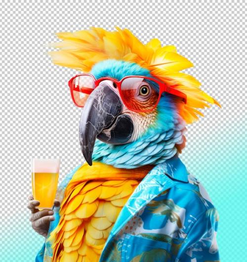 Psd Parrot In A Hawaiian Shirt And Sunglasses With A Tropical Juice