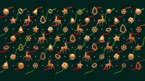 Christmas Pattern With Golden 3d Icons And Ribbons Isolated Pattern On A Dark Green Background